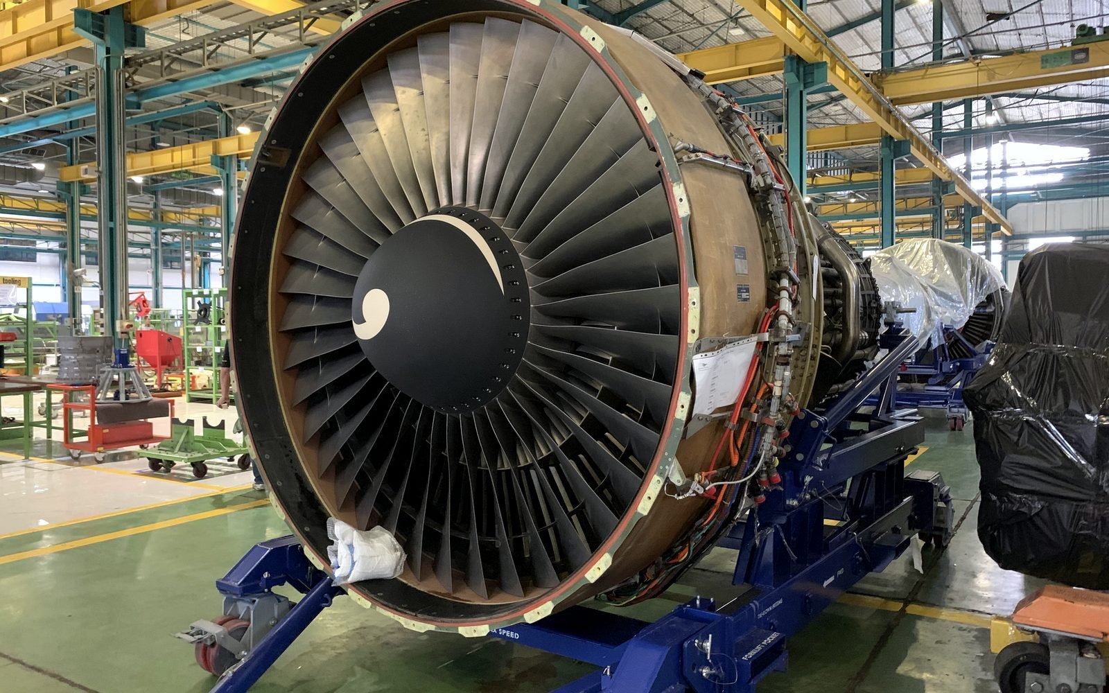 Turbofan engine on a transport stand with the fan face exposed for inspection